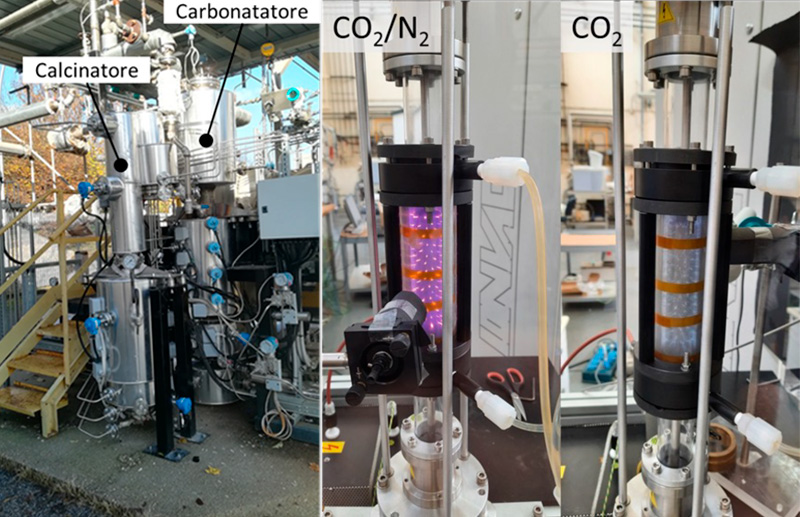 A sinistra impianto Valchiria presso l’infrastruttura ECCSEL ZECOMIX e a destra reattore al plasma a scarica a barriera dielettrica (DBD)  in due diverse configurazioni operative: CO2/N2 (sx) e CO2 (dx)